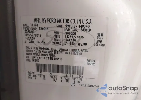 2004 Ford F-350 Lariat/Xl/Xlt z USA, uszkodzony, nr VIN 1FTSX31L24EB42289